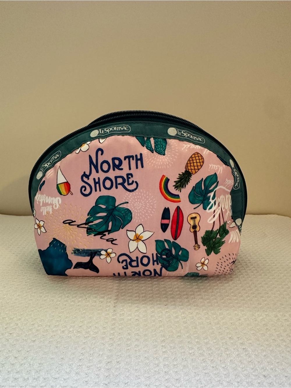LeSportsac Pink Tropical 'North Shore' Cosmetic Pouch with Green Trim